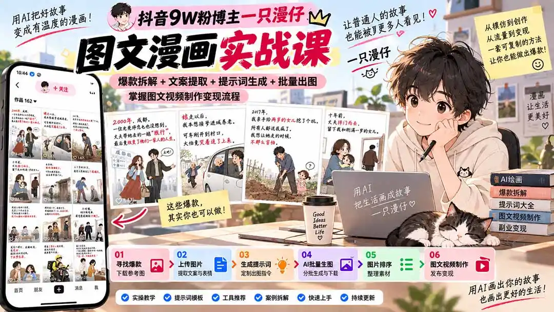 抖音9W粉博主一只漫仔图文漫画课:爆款拆解+文案提取+提示词生成+批量出图,掌握图文视频制作变现流程-创客联盟