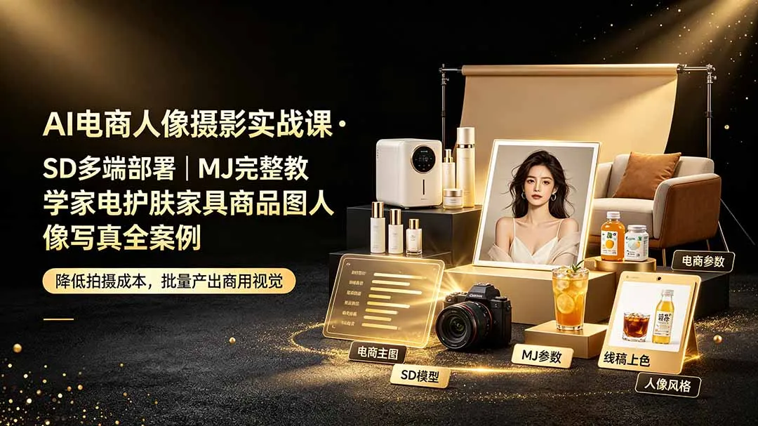 AI电商人像摄影实战课·SD多端部署｜MJ完整教学｜家电护肤家具商品图人像写真全案例-创客联盟