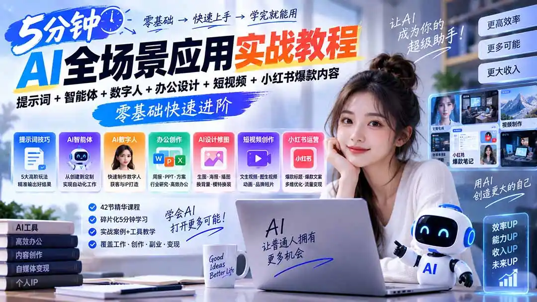 AI全场景应用实战教程|提示词+智能体+数字人+办公设计+短视频+小红书爆款内容,零基础快速进阶-创客联盟