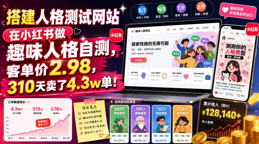 搭建人格测试网站在小红书做趣味人格自测，客单价2.98，310天卖了4.3w单！-创客联盟