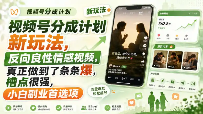 视频号分成计划新玩法，反向良性情感视频，真正做到了条条爆，槽点很强，小白副业首选项-创客联盟