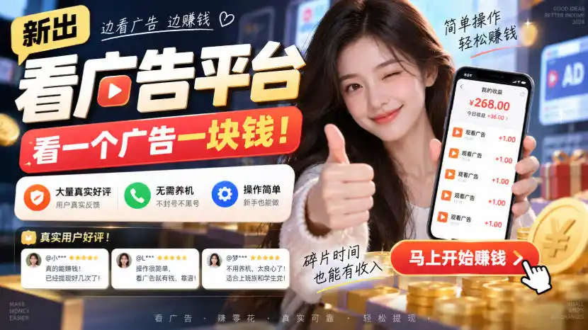 新出看广告平台，看一个广告一块钱，大量真实好评！无需养机、不会黑号，操作简单【揭秘】-创客联盟