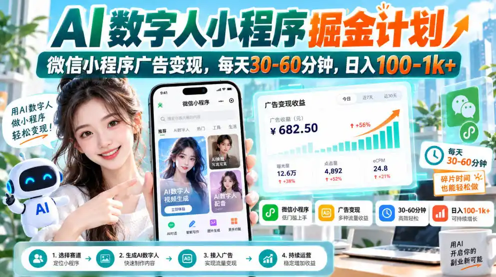 【无水印】AI数字人小程序掘金计划,微信小程序广告变现,每天30‑60分钟,日入100‑1k+-创客联盟