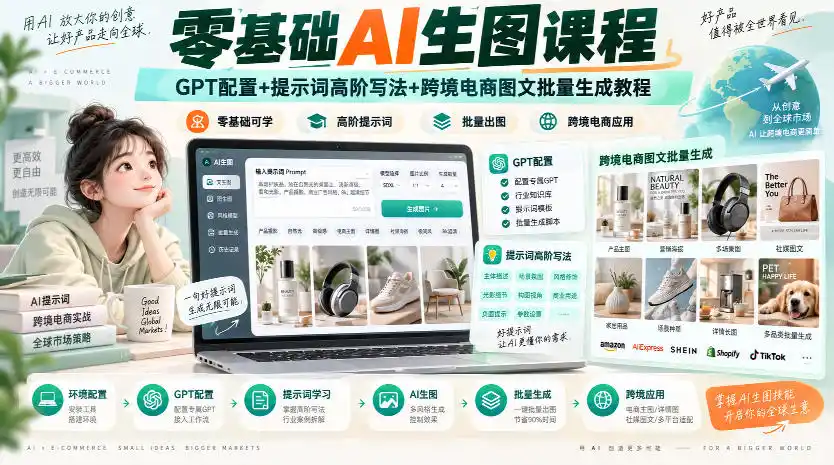零基础AI生图课程,GPT配置+提示词高阶写法+跨境电商图文批量生成教程-创客联盟