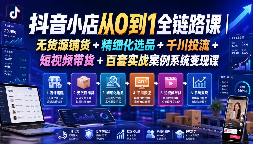 抖音小店从0到1全链路课｜无货源铺货+精细化选品+千川投流+短视频带货+百套实战案例系统变现课(2026年7月更新)-创客联盟