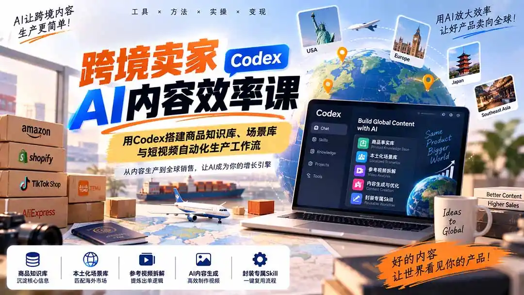 跨境卖家AI内容效率课:用Codex搭建商品知识库、场景库与短视频自动化生产工作流-创客联盟