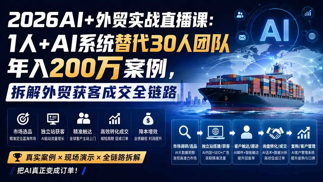 2026AI+外贸实战直播课：1人+AI系统替代30人团队年入200万案例，拆解外贸获客成交全链路-创客联盟