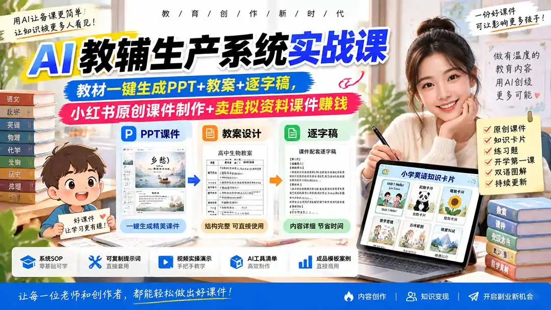 AI教辅生产系统实战课|教材一键生成PPT+教案+逐字稿,小红书原创课件制作+卖虚拟资料课件赚钱-创客联盟
