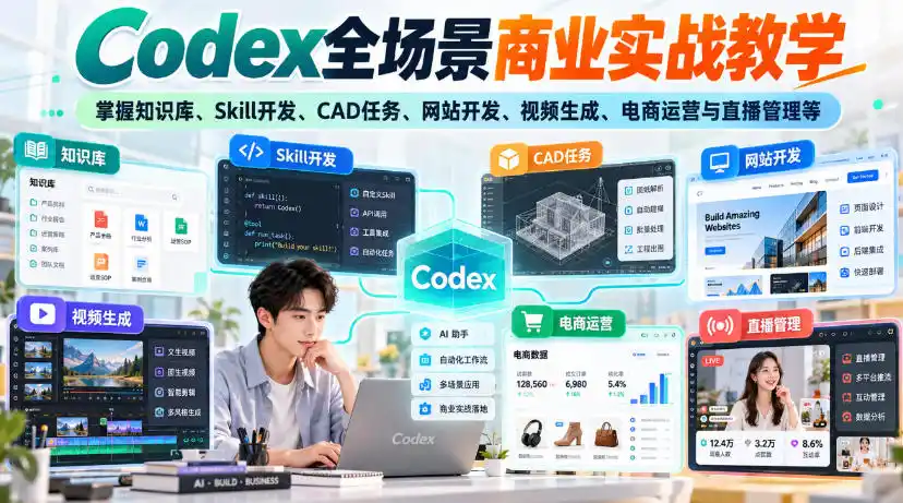 【无水印】Codex全场景商业实战教学，掌握知识库、Skill开发、CAD任务、网站开发、视频生成、电商运营与直播管理等-创客联盟