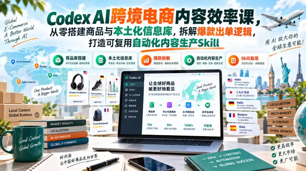 Codex AI跨境电商内容效率课，从零搭建商品与本土化信息库，拆解爆款出单逻辑，打造可复用自动化内容生产Skill-创客联盟