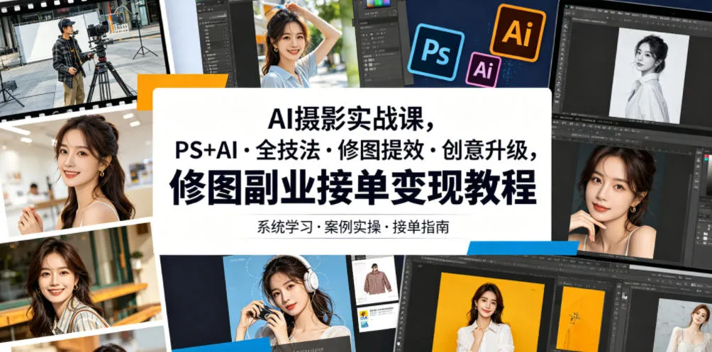 AI摄影实战课,PS+AI・全技法・修图提效・创意升级,修图副业接单变现教程-云网创