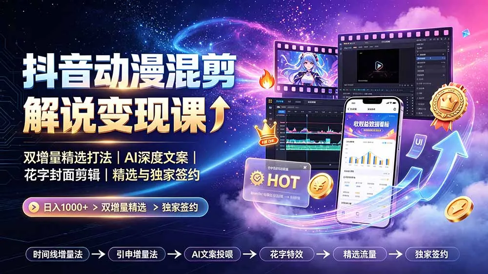 抖音动漫混剪解说变现课：双增量精选打法｜AI深度文案｜花字封面剪辑｜ 精选与独家签约日入1000+-创客联盟