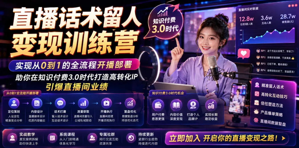 直播话术留人变现训练营，实现从0到1的全流程开播部署，助你在知识付费3.0时代打造高转化IP，引爆直播间业绩-创客联盟