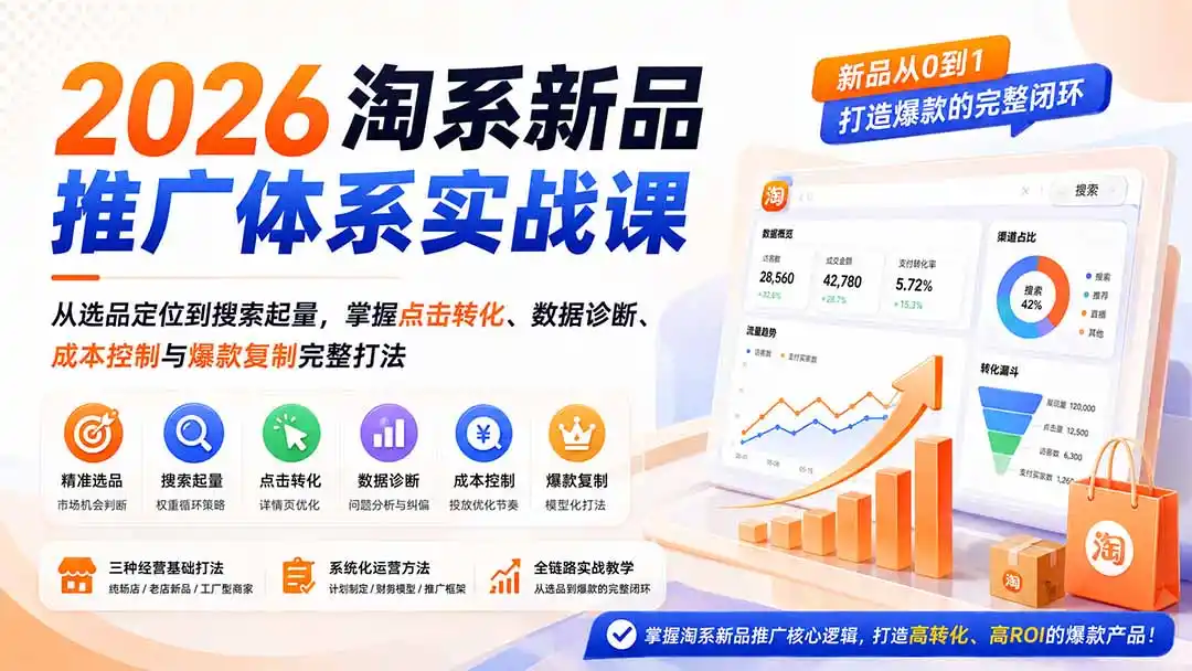2026淘系新品推广体系实战课：从选品定位到搜索起量，掌握点击转化、数据诊断、成本控制与爆款复制完整打法-创客联盟