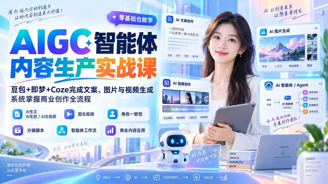 AIGC智能体内容生产实战课：豆包+即梦+Coze完成文案、图片与视频生成，系统掌握商业创作全流程-创客联盟