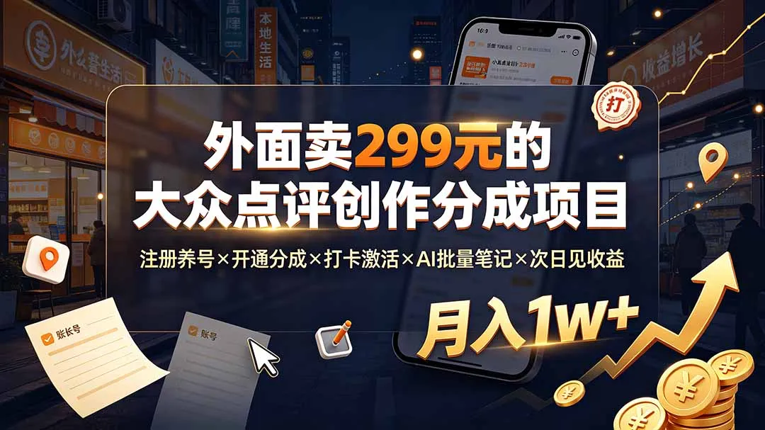 外面卖299元的大众点评创作分成项目：注册养号×开通分成×打卡激活×AI批量笔记×次日见收益，月入1w+-创客联盟