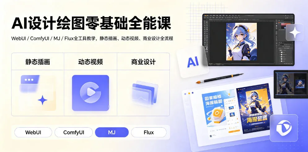 AI设计绘图零基础全能课｜WebUI/ComfyUI/MJ/Flux全工具教学，静态插画、动态视频、商业设计全流程-创客联盟