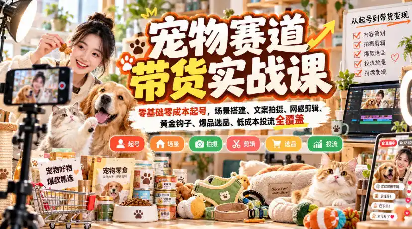 宠物赛道带货实战课,零基础零成本起号,场景搭建、文案拍摄、网感剪辑、黄金钩子、爆品选品、低成本投流全覆盖-创客联盟