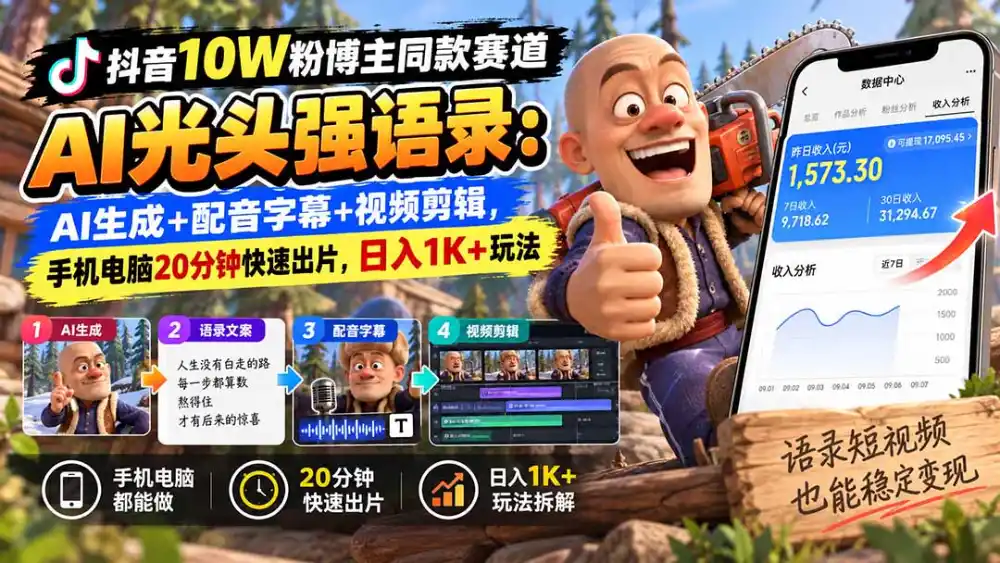 【无水印】抖音10W粉博主同款赛道AI光头强语录:AI生成+配音字幕+视频剪辑,手机电脑20分钟快速出片,日入1K+玩法-创客联盟