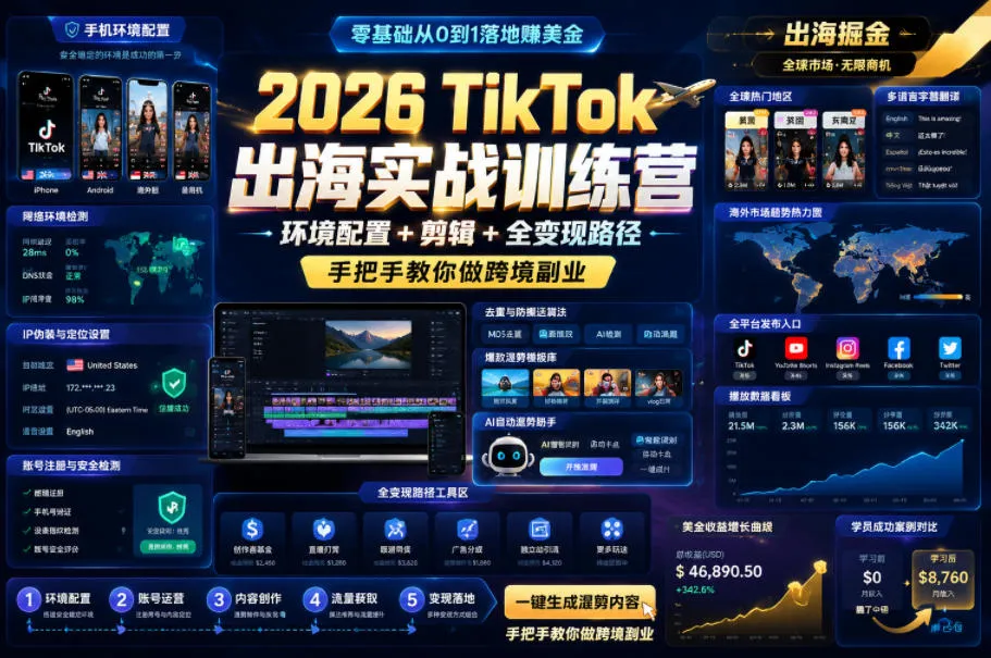 2026 TikTok出海实战训练营，环境配置 + 剪辑 + 全变现路径，手把手教你做跨境副业-云网创