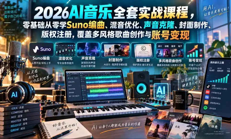 2026AI音乐实战课程,零基础从零学Suno编曲、混音优化、声音克隆、版权注册,覆盖多风格歌曲创作与账号变现-创客联盟