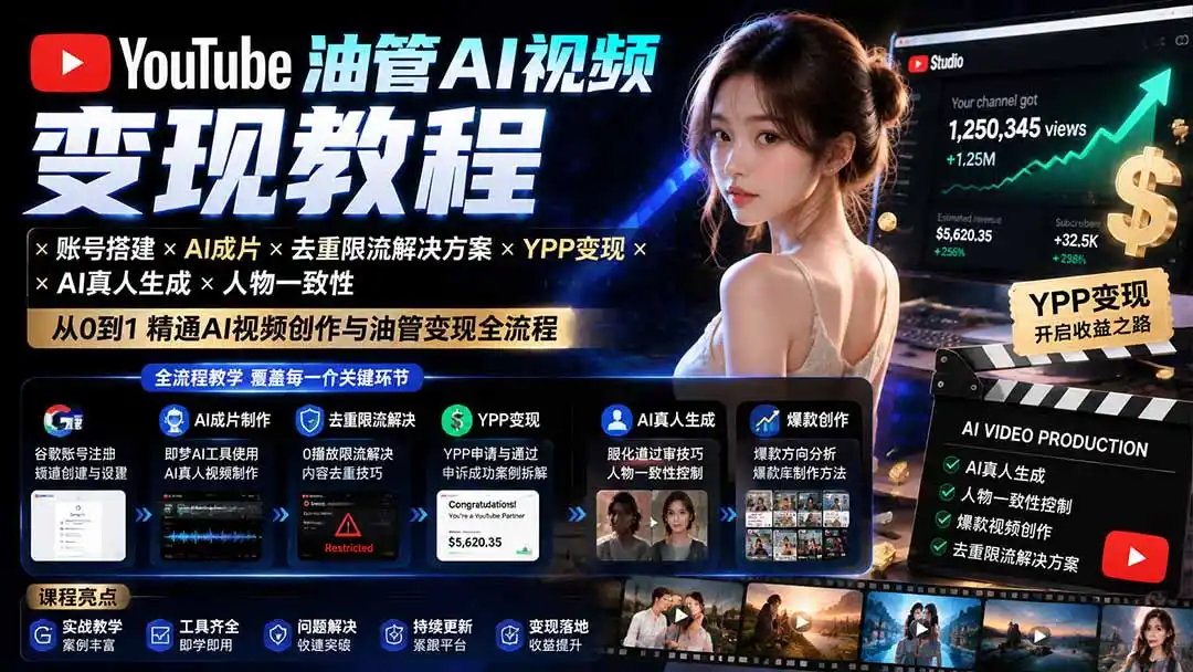 YouTube油管AI视频变现教程-更新0926:账号搭建×AI成片×去重限流解决方案×YPP变现×AI真人生成×人物一致性-创客联盟
