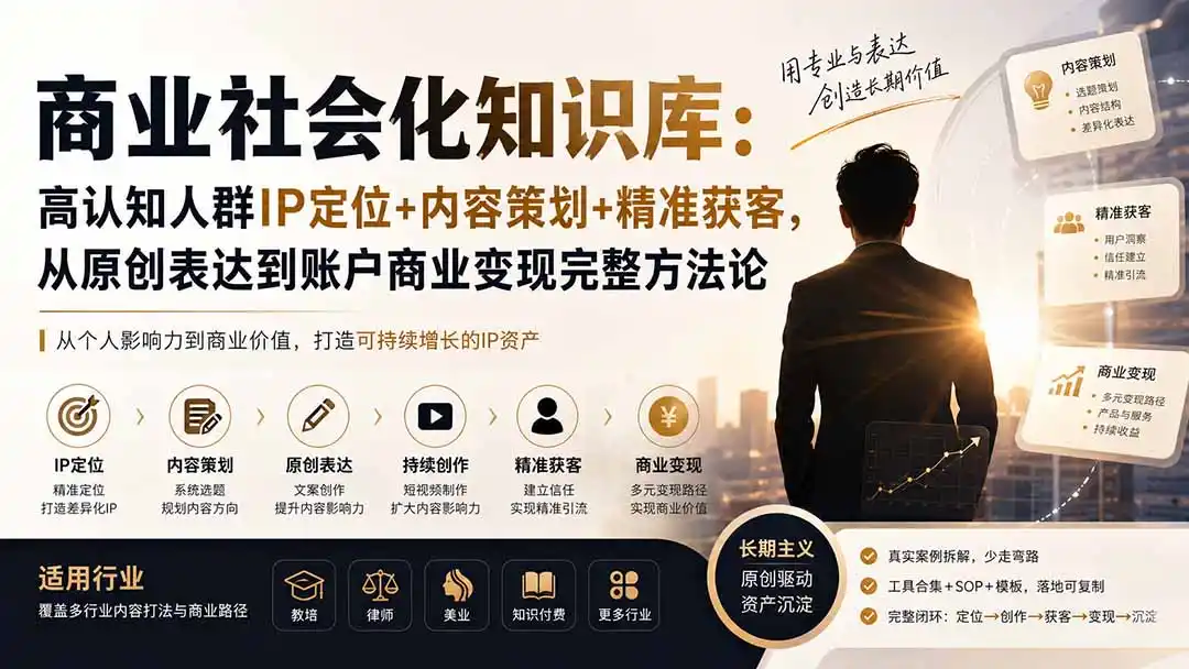 商业社会化知识库：高认知人群IP定位+内容策划+精准获客，从原创表达到账户商业变现完整方法论-创客联盟