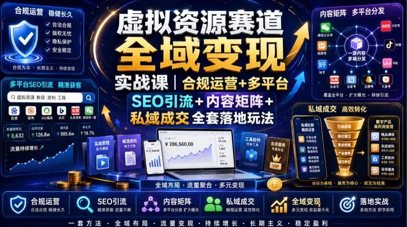 虚拟资源赛道全域变现实战课｜合规运营+多平台SEO引流+内容矩阵+私域成交全套落地玩法-创客联盟