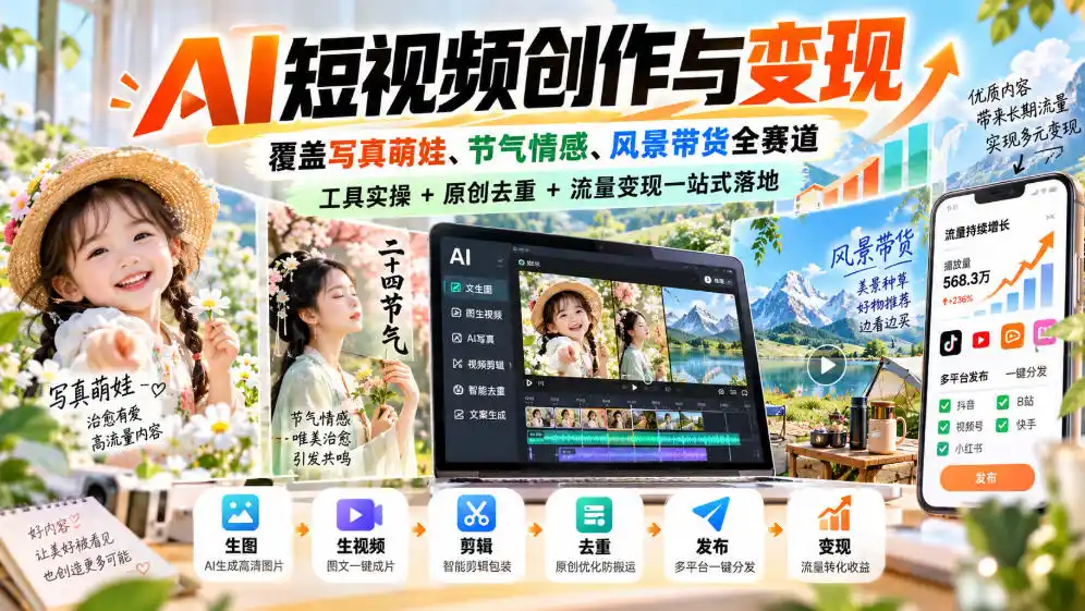 AI短视频创作与变现，覆盖写真萌娃、节气情感、风景带货全赛道，工具实操+原创去重+流量变现一站式落地-创客联盟