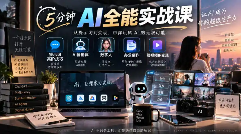 5分钟AI全能实战课｜提示词高阶技巧+AI智能体+数字人+办公创作+短视频IP变现全教程-创客联盟