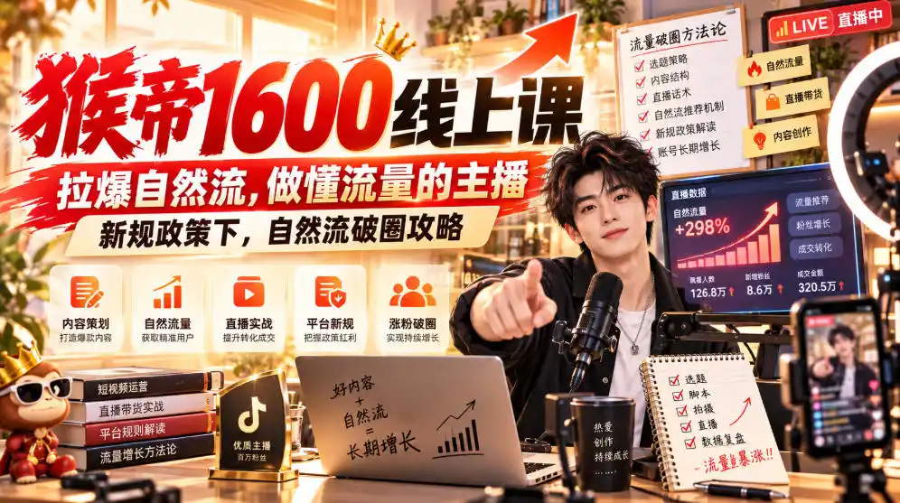 猴帝1600线上课,拉爆自然流,做懂流量的主播,新规政策下,自然流破圈攻略【更新260926】-创客联盟