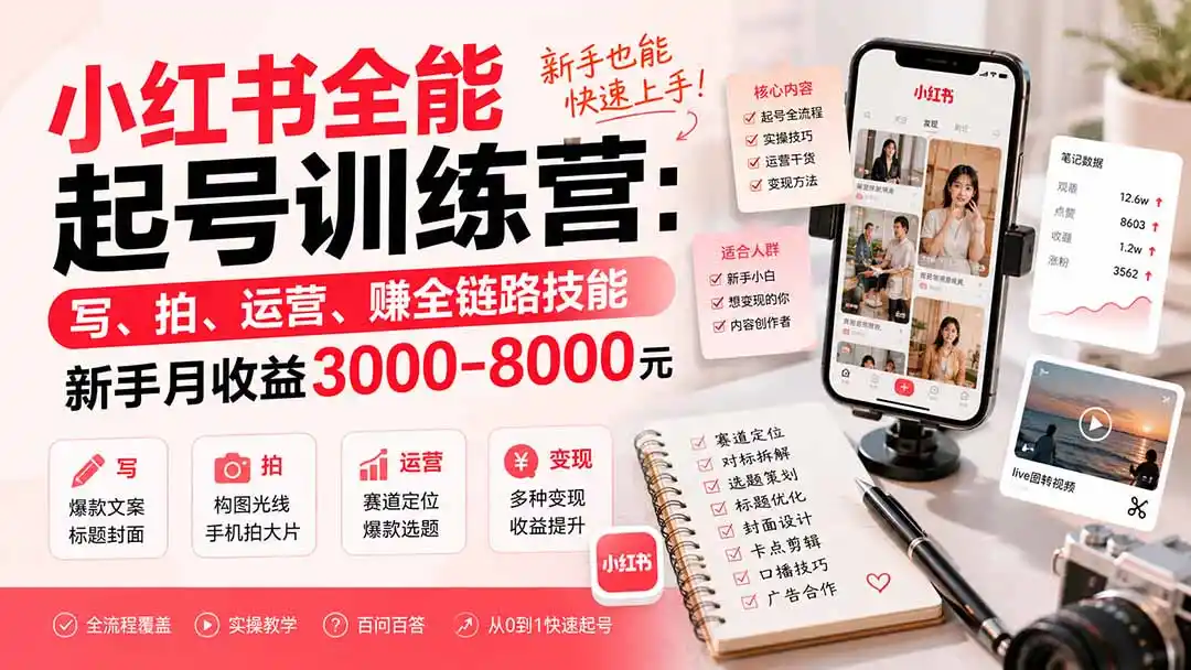 小红书全能起号训练营-更新：写、拍、运营、赚全链路技能，新手月收益3000-8000元-创客联盟