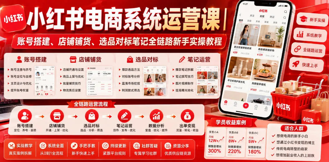 小红书电商系统运营课｜账号搭建、店铺铺货、选品对标笔记全链路新手实操教程-创客联盟
