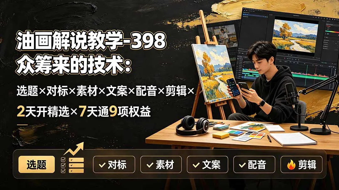 油画解说教学-398众筹来的技术：选题×对标×素材×文案×配音×剪辑×2天开精选×7天通9项权益-创客联盟