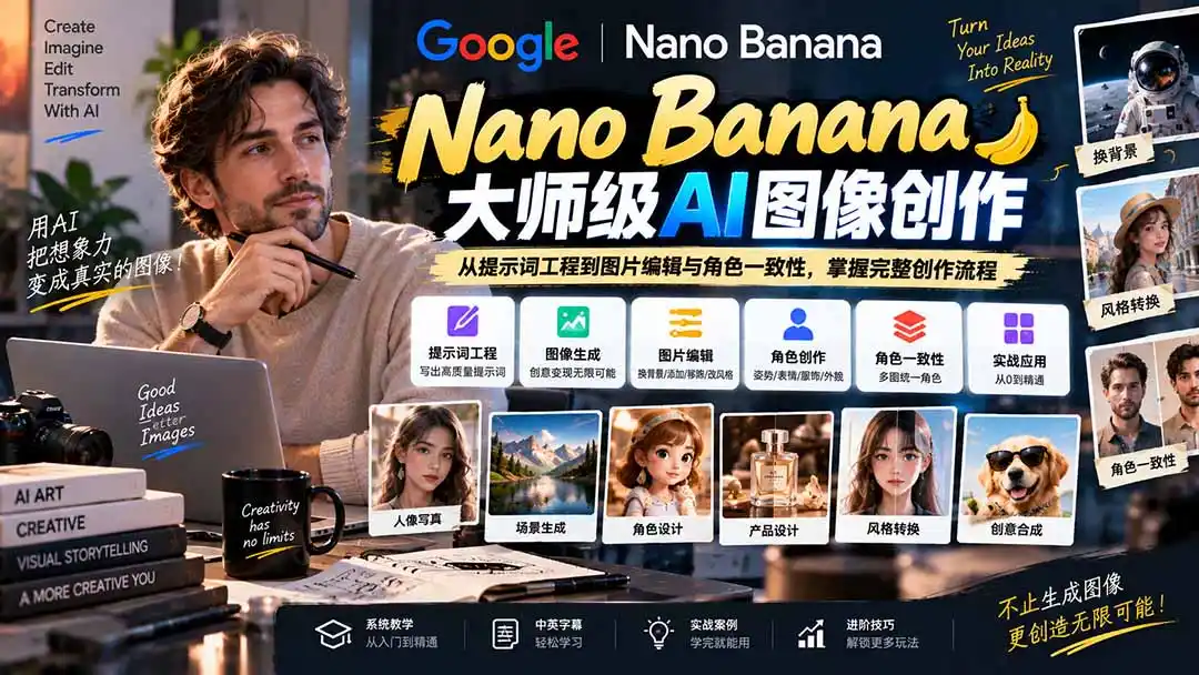 【无水印】Nano Banana大师级AI图像实战课:从提示词工程到图片编辑与角色一致性,掌握完整创作流程-创客联盟