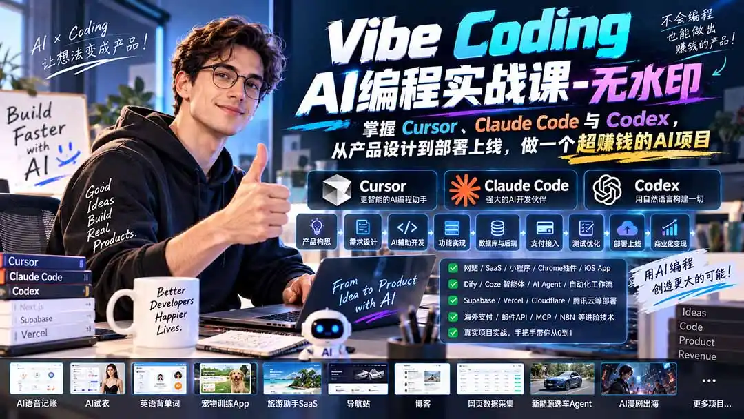 Vibe Coding AI编程实战课-无水印：掌握Cursor、Claude Code与Codex，从产品设计到部署上线，做一个超赚钱的AI项目-创客联盟