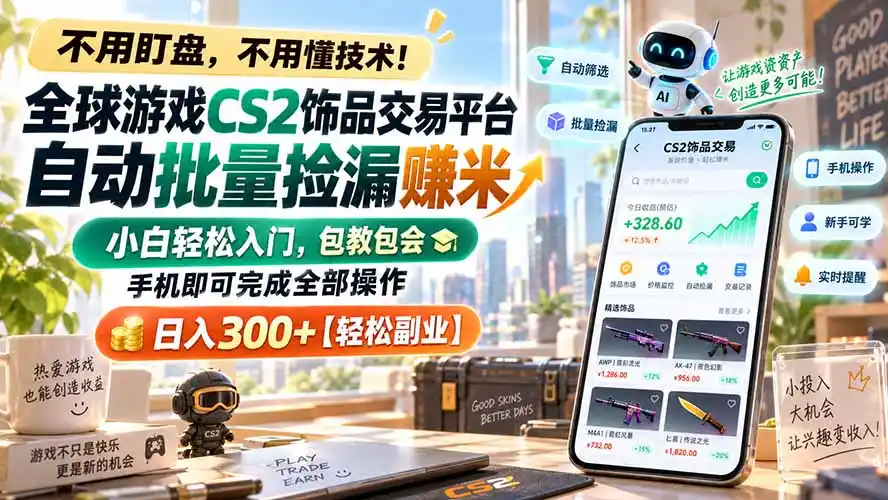 全球游戏CS2饰品交易平台自动批量捡漏赚米,小白轻松入门,包教包会,手机即可完成全部操作,日入300+【轻松副业】-创客联盟