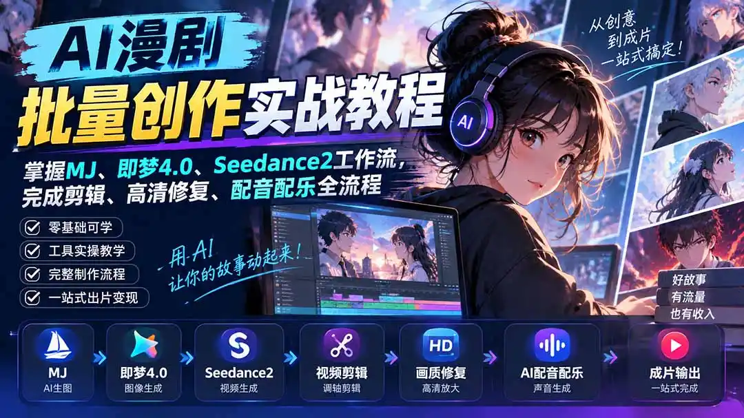 AI漫剧批量创作实战教程：掌握MJ、即梦4.0、Seedance2工作流，完成剪辑、高清修复、配音配乐全流程-创客联盟