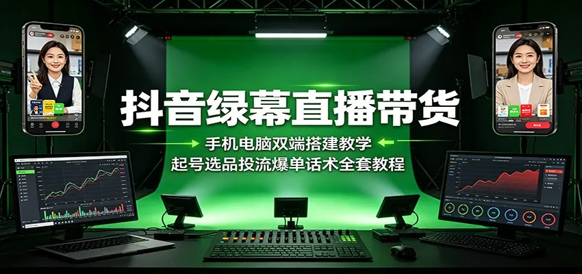 抖音绿幕直播带货：手机电脑双端搭建教学，起号选品投流爆单话术全套教程-创客联盟