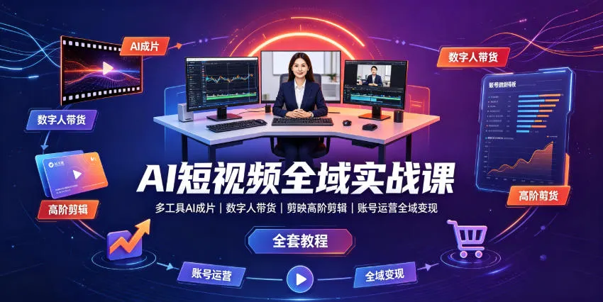 AI短视频全域实战课｜多工具AI成片、数字人带货、剪映高阶剪辑、账号运营全域变现全套教程-创客联盟
