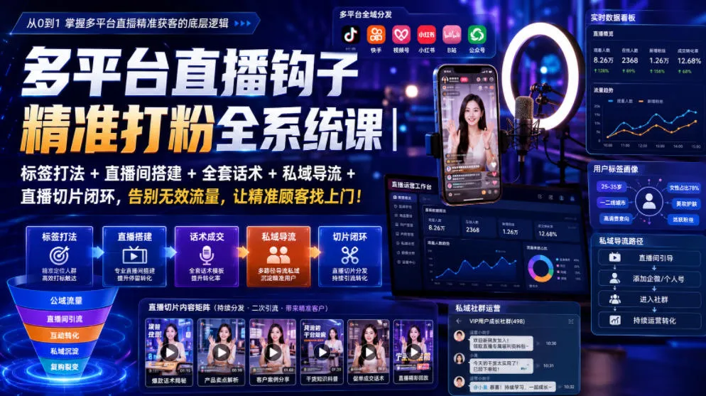 多平台直播钩子精准打粉全系统课｜标签打法+直播间搭建+全套话术+私域导流+直播切片闭环，告别无效流量，让精准顾客找上门！-创客联盟