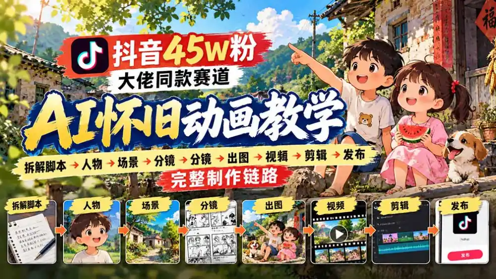 抖音45W粉大佬同款赛道AI怀旧动画教学:拆解脚本→人物→场景→分镜→出图→视频→剪辑→发布完整制作链路-创客联盟