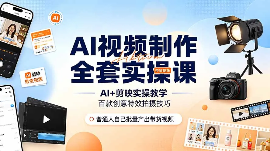 AI视频制作全套实操课，多款AI工具搭配剪映教学，百种特效运镜拍摄实操，抖音账号带货运营全覆盖-创客联盟