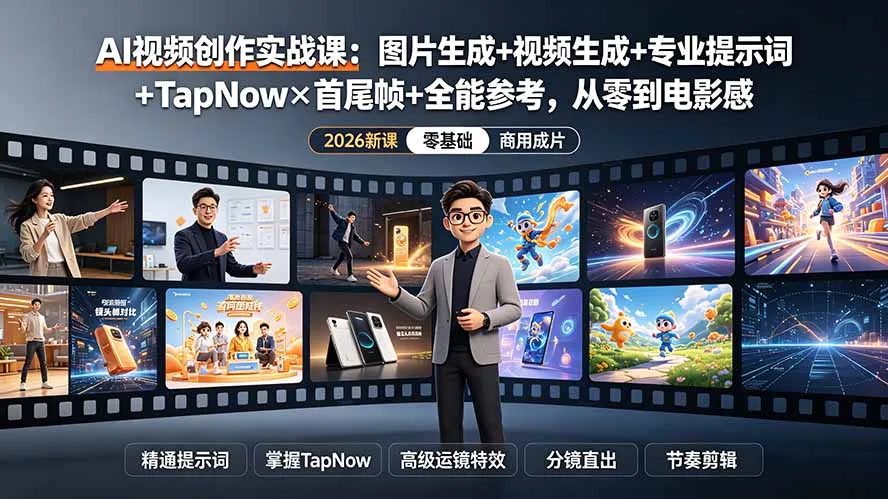 AI视频创作实战课：图片生成+视频生成+专业提示词+TapNow×首尾帧+全能参考，从零到电影感成片-创客联盟