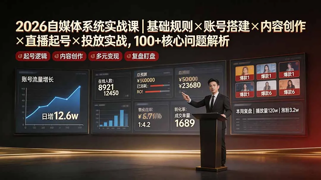 2026自媒体系统实战课｜基础规则×账号搭建×内容创作×直播起号×投放实战，100+核心问题解析-创客联盟