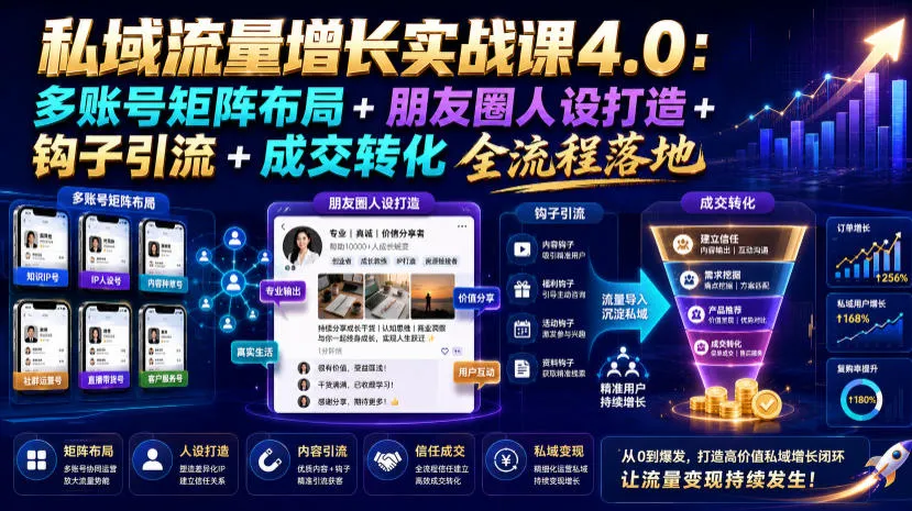 私域流量增长实战课4.0：多账号矩阵布局+朋友圈人设打造+钩子引流+成交转化全流程落地-创客联盟