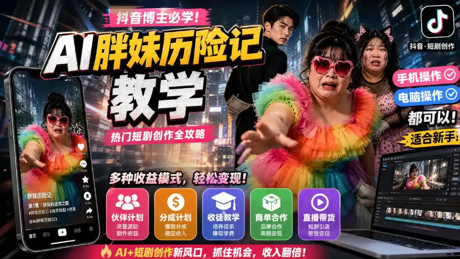 抖音博主的AI胖妹历险记教学,伙伴计划+分成计划+收徒+商单等多种收益,适合新手,手机电脑都可以操作-创客联盟