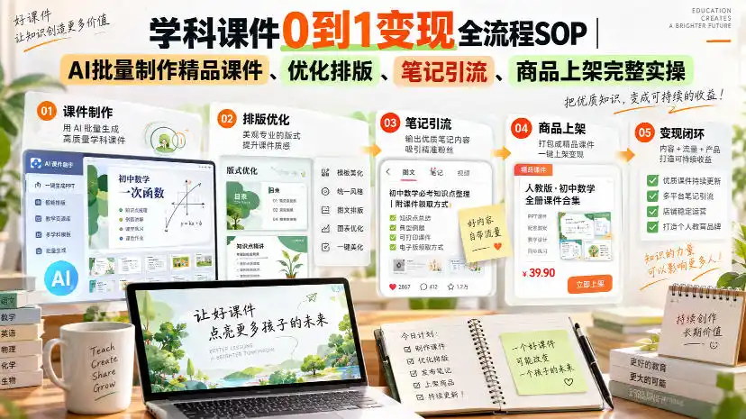 学科课件0到1变现全流程SOP|AI批量制作精品课件、优化排版、笔记引流、商品上架完整实操-创客联盟