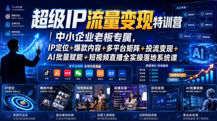 超级IP流量变现特训营|中小企业老板专属,IP定位+爆款内容+多平台矩阵+投流变现+AI批量赋能+短视频直播全实操落地系统课-创客联盟