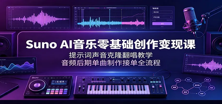 Suno AI音乐零基础创作变现课：提示词声音克隆翻唱教学，音频后期单曲制作接单全流程-创客联盟